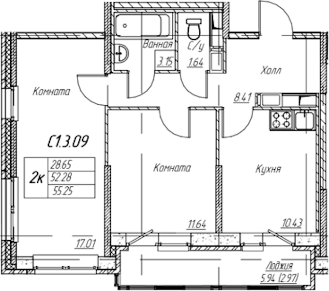 2-комнатная квартира 55.25 м², 3/22 эт., ЖК «Парк-квартал Юнтолово»